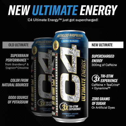 Cellucor C4 Ultimate WWE Pre-Workout Energy Drink, Ruthless Raspberry, Tri-Stim with 300mg Caffeine (16oz, Pack of 12)