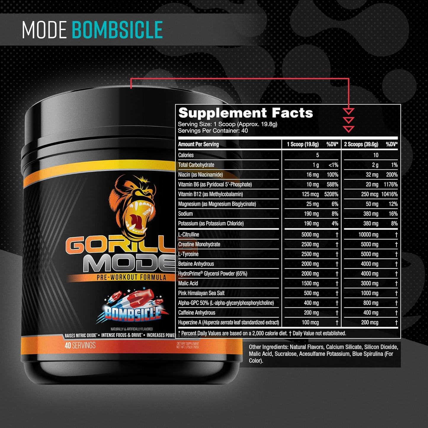 Gorilla Mode Pre-Workout for Pumps, Focus & Energy (620g, Bombsicle)