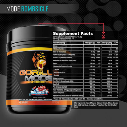 Gorilla Mode Pre-Workout for Pumps, Focus & Energy (620g, Bombsicle)