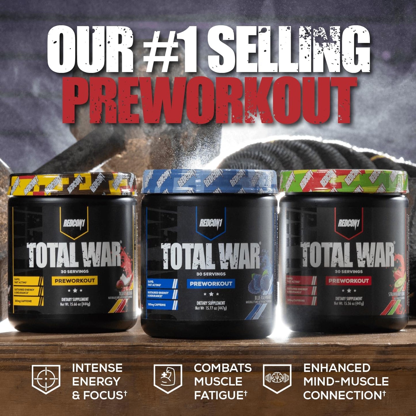 REDCON1 Total War Pre Workout, Blue Raspberry - 320mg Caffeine (30 Servings)