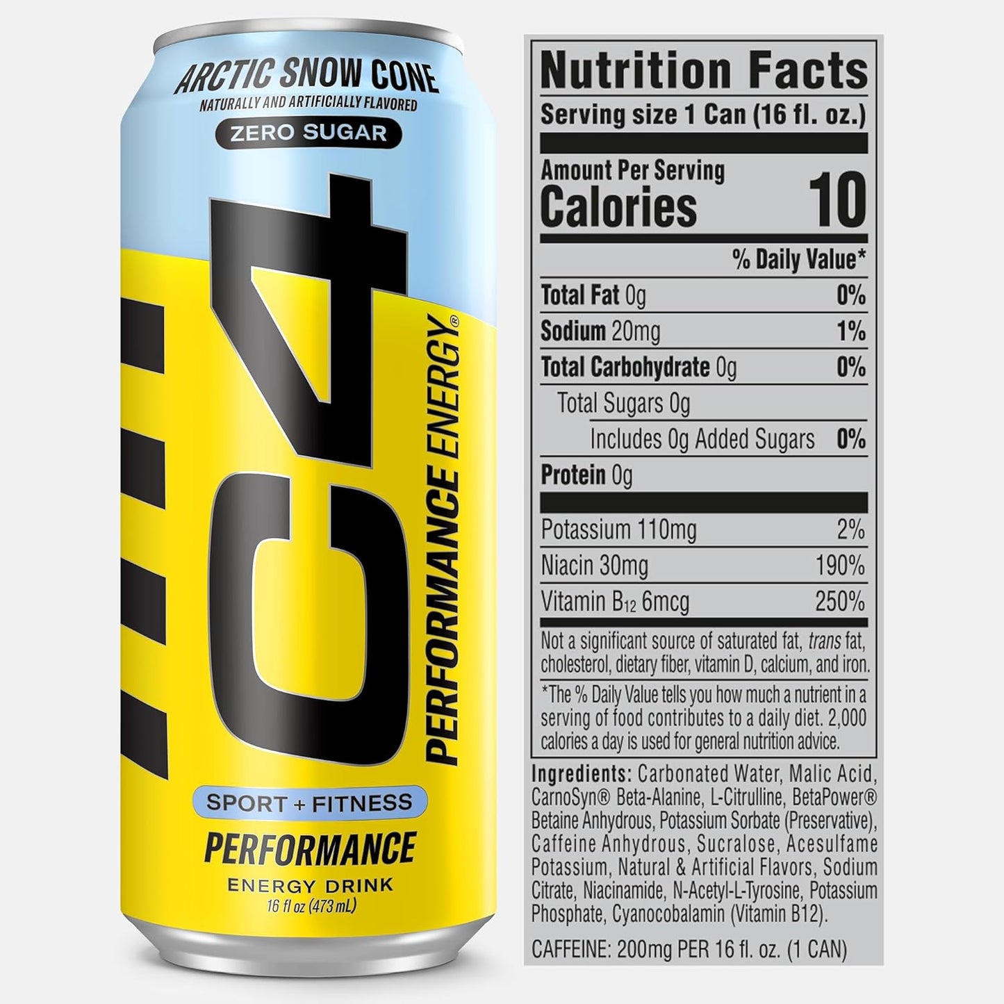 Cellucor C4 Performance Energy Drink, Artic Snow Cone, Zero Sugar, 200mg Caffeine (16 Fl Oz, 12 Pack)