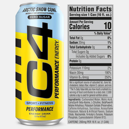 Cellucor C4 Performance Energy Drink, Artic Snow Cone, Zero Sugar, 200mg Caffeine (16 Fl Oz, 12 Pack)