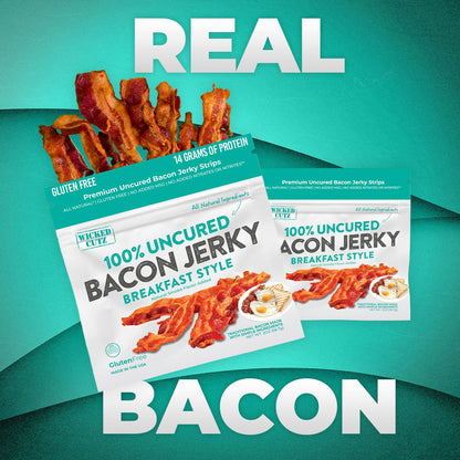 Breakfast Bacon Jerky, Tender & Gluten-Free, 14g Protein, Low Calorie (2 Bags)