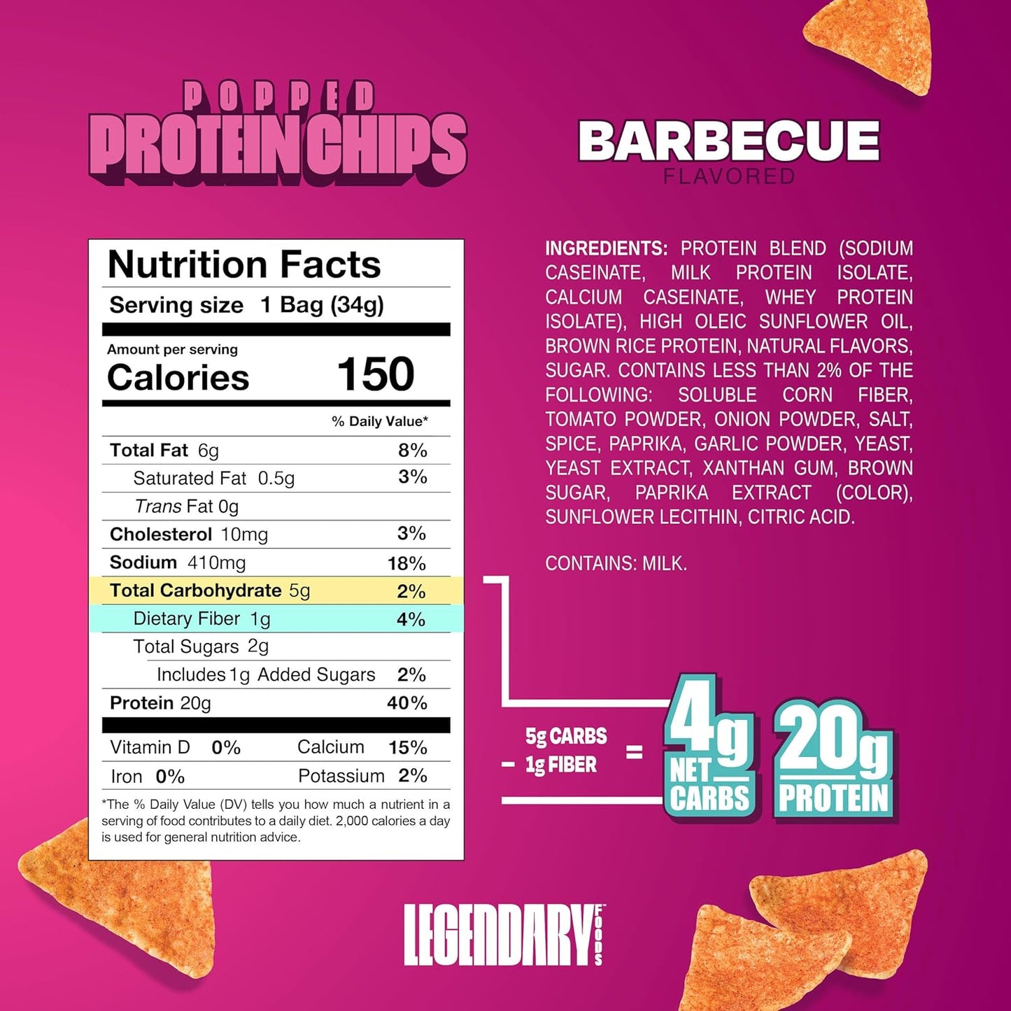 Legendary Foods BBQ Protein Chips - Keto, Gluten-Free Taco Snacks (7 Pack, 1.2oz)