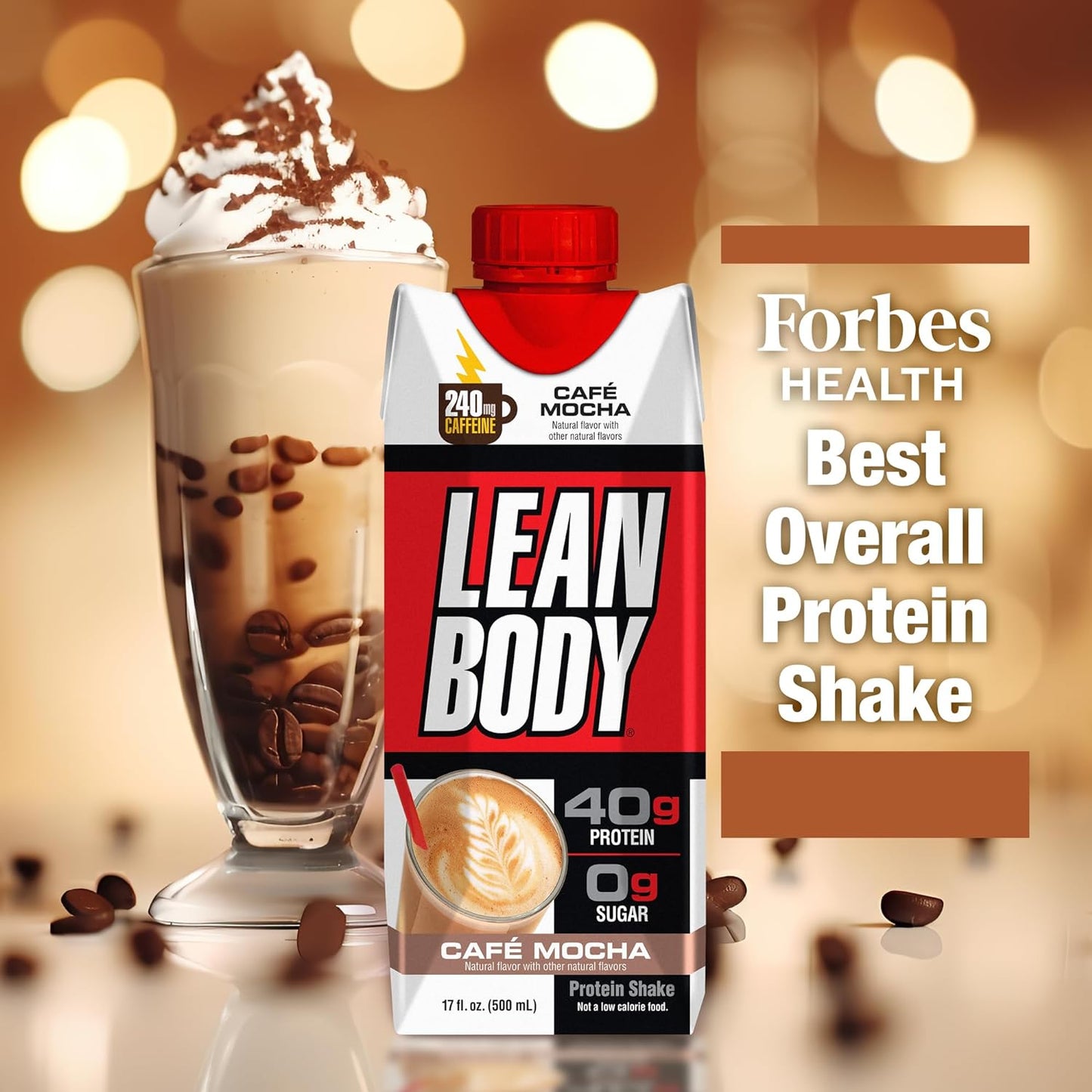 LABRADA Lean Body Café Mocha Protein Shake, 0 Sugar, Gluten Free (Pack of 12, 240mg Caffeine, 40g Protein)