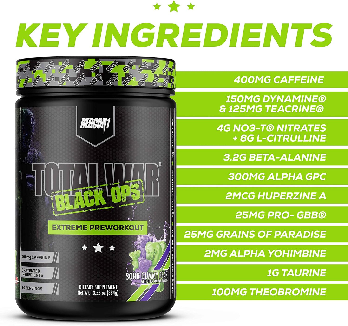 REDCON1 Total War Black Ops Preworkout, Sour Gummy Bear, 400mg Caffeine (20 Servings)