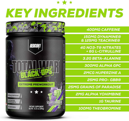 REDCON1 Total War Black Ops Preworkout, Sour Gummy Bear, 400mg Caffeine (20 Servings)