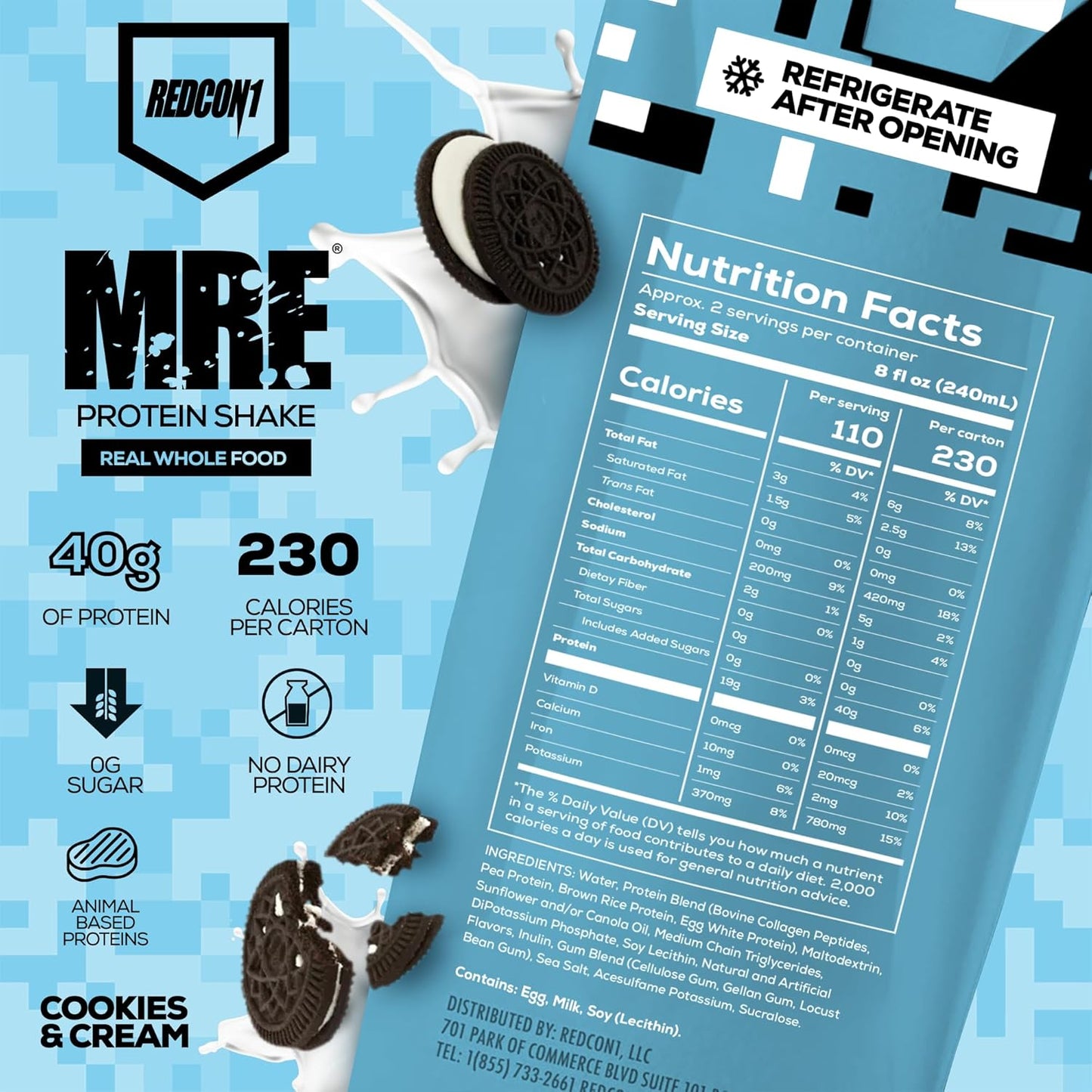 REDCON1 MRE Protein Shake, Cookies & Cream - Keto, Lactose-Free (12 Pack)