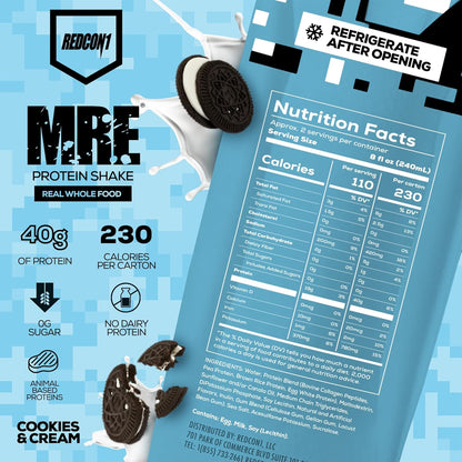 REDCON1 MRE Protein Shake, Cookies & Cream - Keto, Lactose-Free (12 Pack)