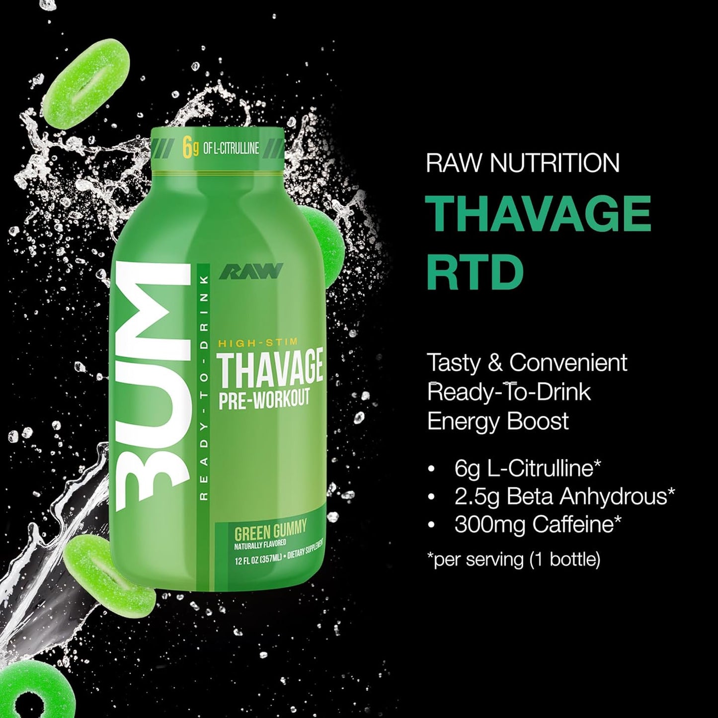 Bum Thavage Pre-Workout RTD - Zero Sugar, Energy Supplement (12 Pack, Green Gummy)