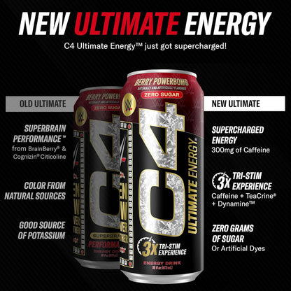 Cellucor C4 Ultimate WWE Berry Powerbomb Pre-Workout Energy Drink, Sugar-Free with 300mg Caffeine, TeaCrine, Dynamine (16oz, Pack of 12)