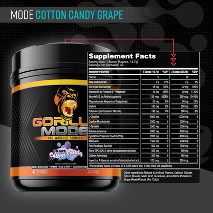 Gorilla Mode Pre-Workout for Pumps, Focus & Energy (786g, Cotton Candy Grape)