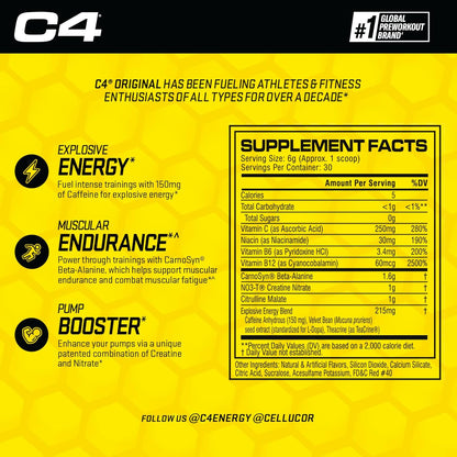 Cellucor C4 Original Pre Workout Powder, Fruit Punch (30 Servings, Sugar Free)