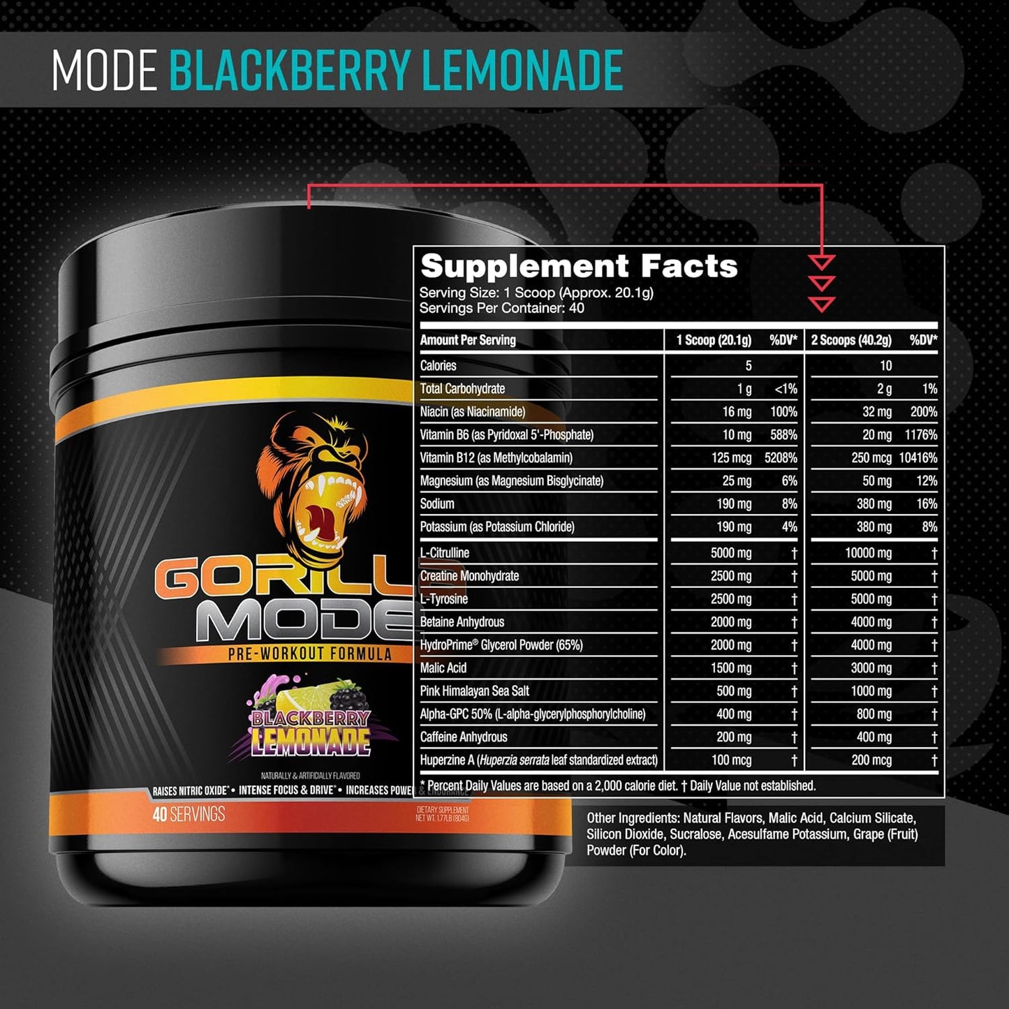 Gorilla Mode Pre-Workout for Pumps, Focus, Energy, Power (800g, BlackBerry Lemonade)