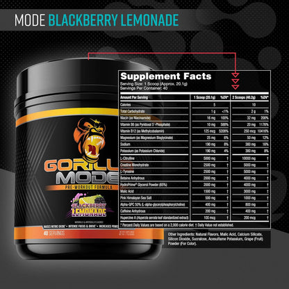 Gorilla Mode Pre-Workout for Pumps, Focus, Energy, Power (800g, BlackBerry Lemonade)