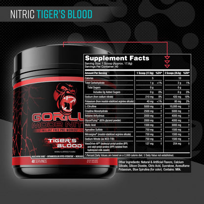 Gorilla Mode Nitric Pre-Workout, Stimulant-Free for Power & Vasodilation (646g, Tigers Blood)