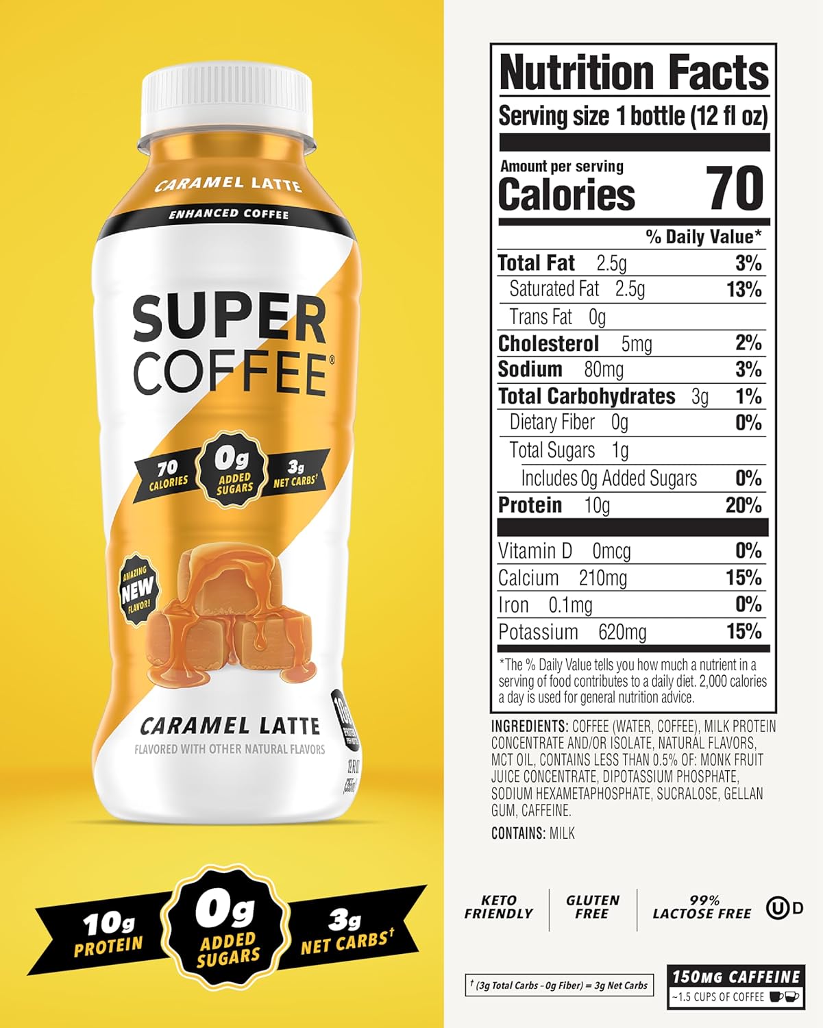 Iced Keto Coffee, Caramel Flavor, No Added Sugar, High Protein (12 Fl Oz, 12 Pack) - SoyFree, GlutenFree