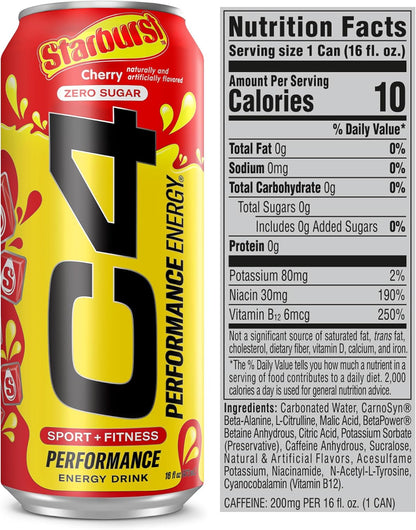 Cellucor C4 Starburst Cherry Energy Drink, Zero Sugar, 200mg Caffeine (16 Fl Oz, 12 Pack)