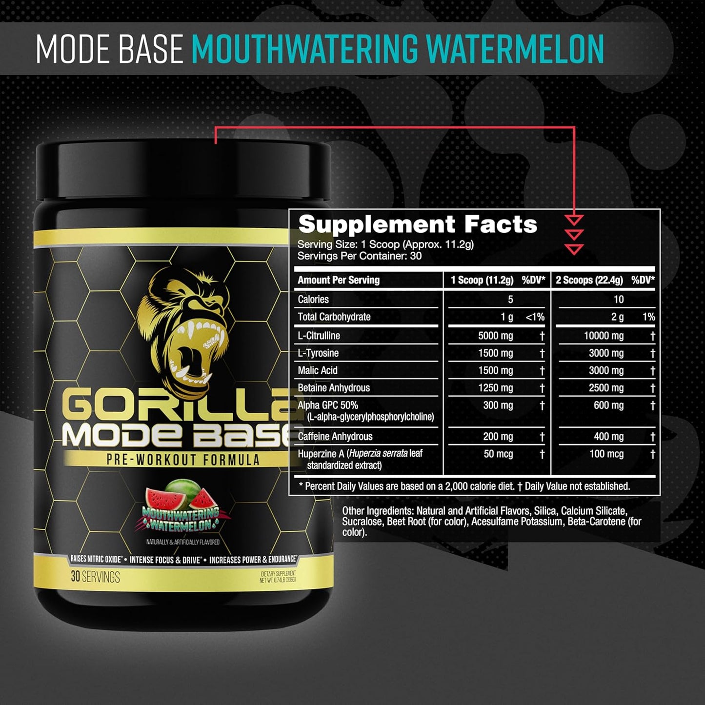 Gorilla Mode Pre-Workout for Focus, Endurance & Power (360g, Watermelon)