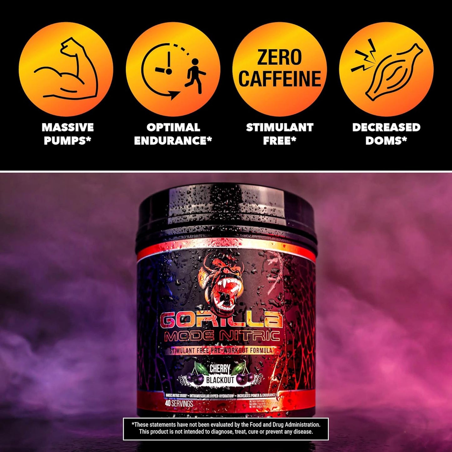 Gorilla Mode Nitric Pre-Workout, Stimulant-Free for Power & Vasodilation (646g, Tigers Blood)