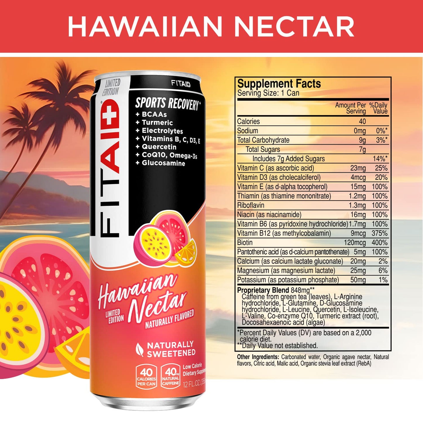 FITAID Recovery Drink, Hawaiian Nectar, BCAAs & Electrolytes (12 Pack)