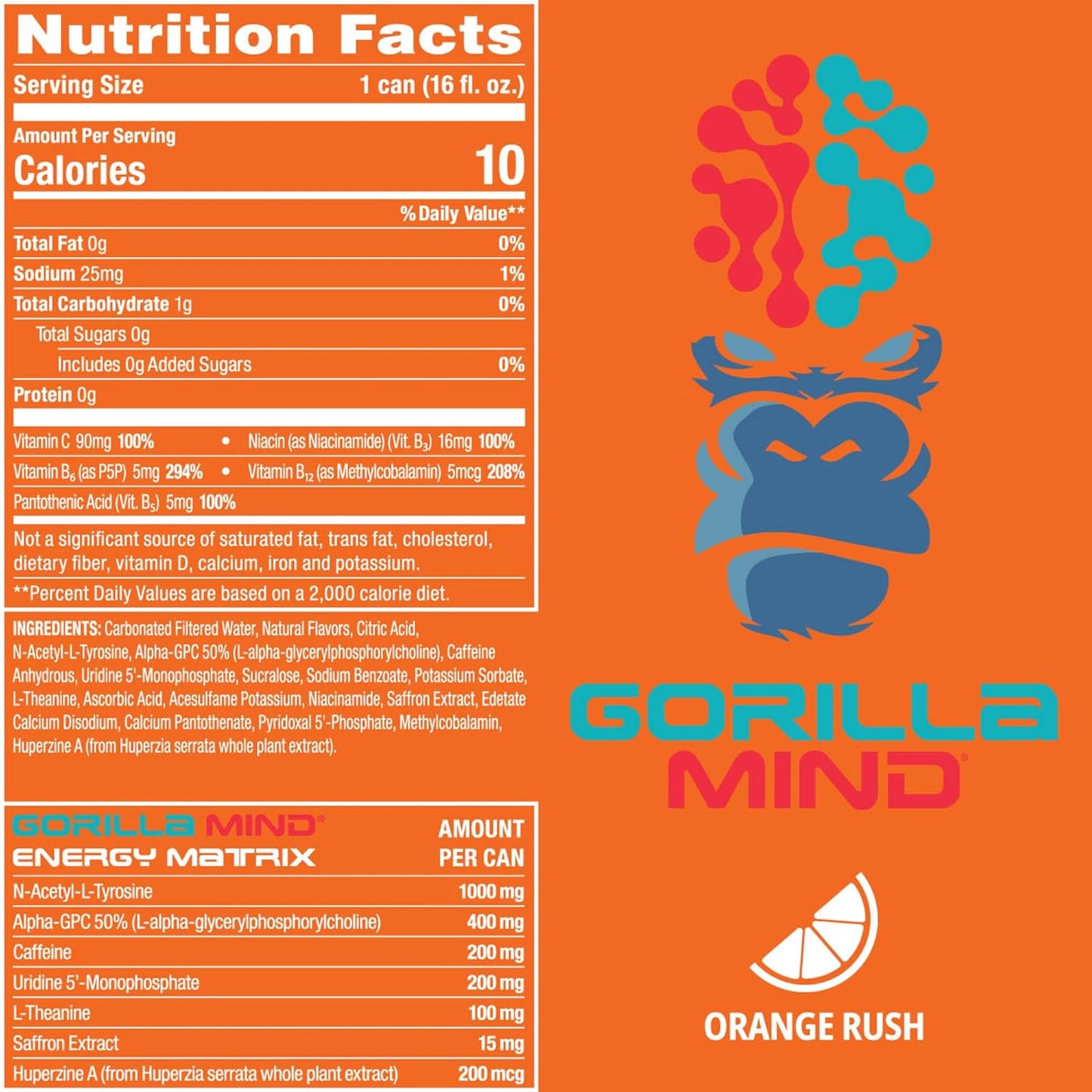 Gorilla Mind Energy Drink, Amplified Focus, Zero Sugar, 16oz (12-Pack, Orange Rush)