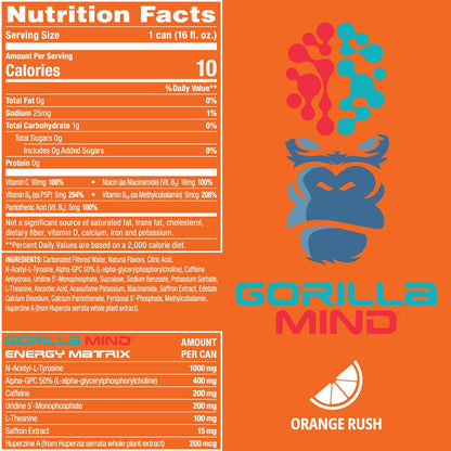 Gorilla Mind Energy Drink, Amplified Focus, Zero Sugar, 16oz (12-Pack, Orange Rush)