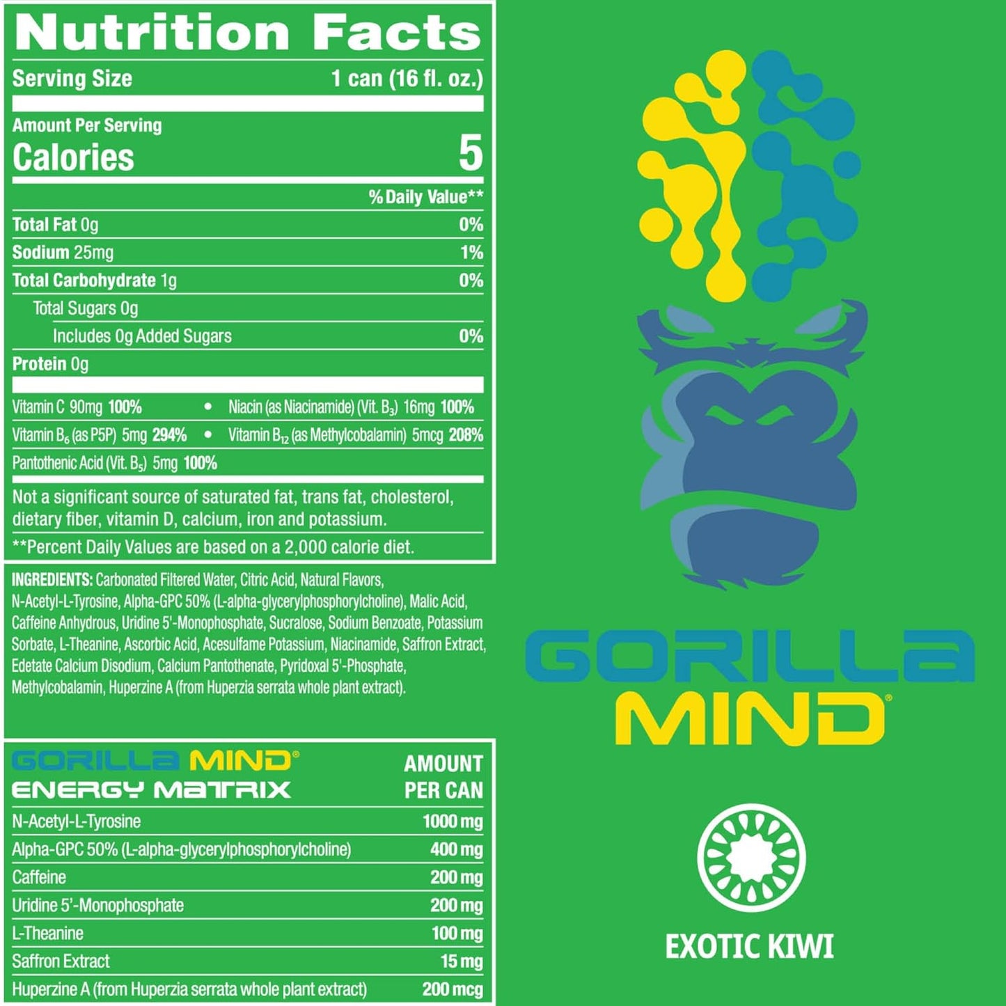 Gorilla Mind Energy Drink: Enhanced Focus, Zero Sugar (Exotic Kiwi, 16oz, 12-Pack)