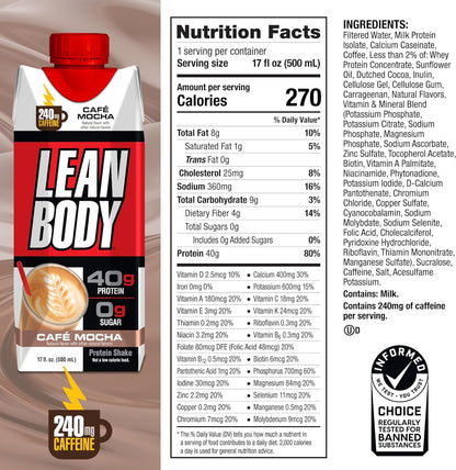 LABRADA Lean Body Café Mocha Protein Shake, 0 Sugar, Gluten Free (Pack of 12, 240mg Caffeine, 40g Protein)