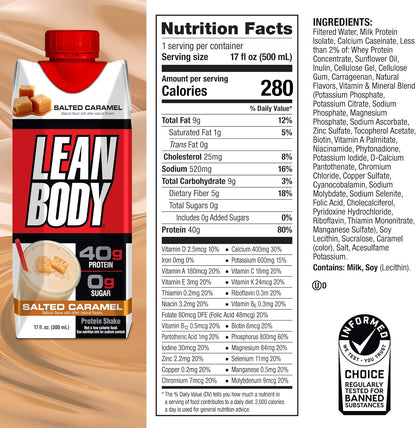 Salted Caramel Lean Body Protein Shake, 0 Sugar, Gluten Free (40g, 17oz, Pack of 12)