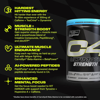 Cellucor C4 Ultimate Pre Workout, 300mg Caffeine + Creatine - Frozen Bombiscle (20 Servings)