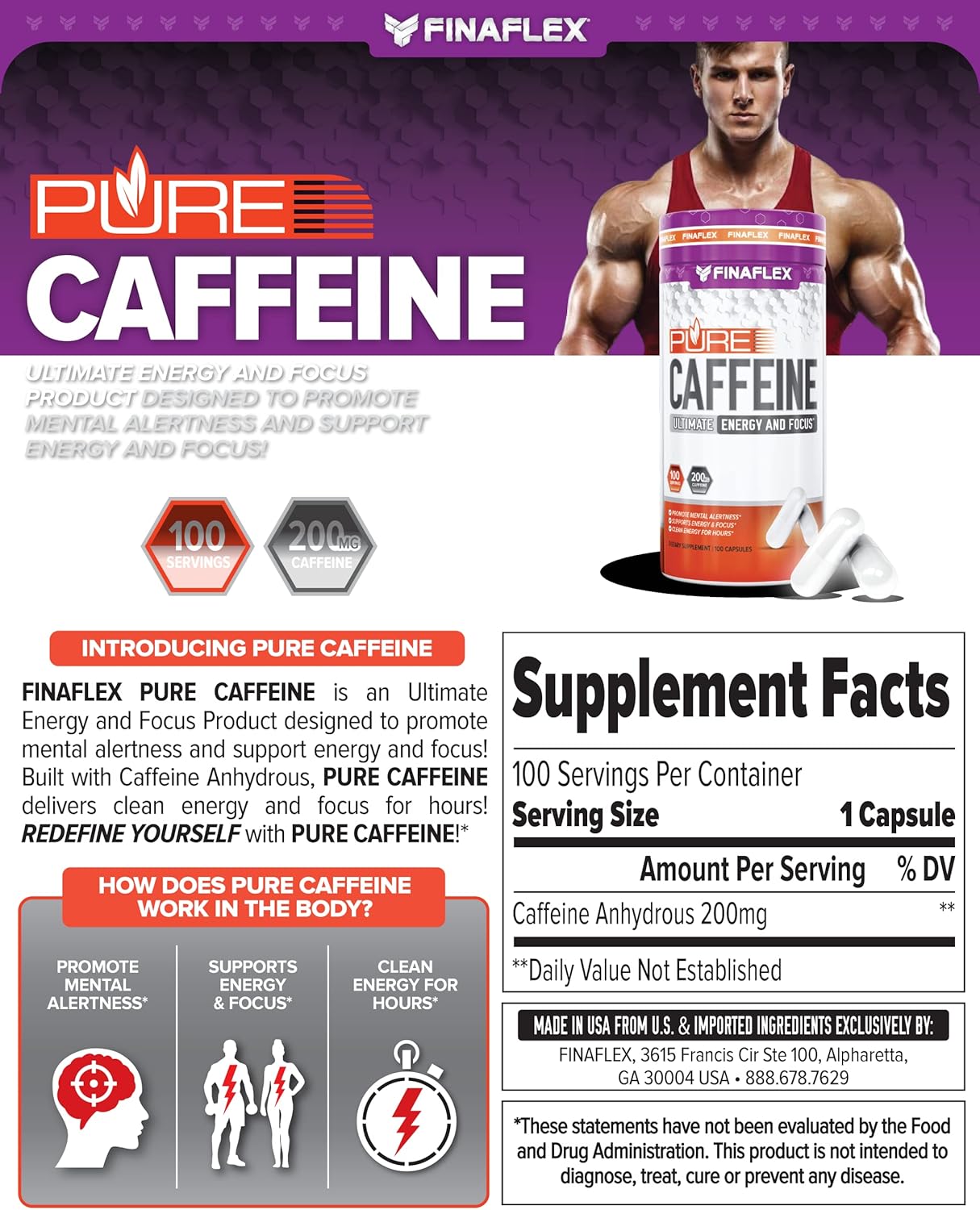 FINAFLEX Pure Caffeine for Mental Alertness & Energy (100 Capsules/100 Servings)