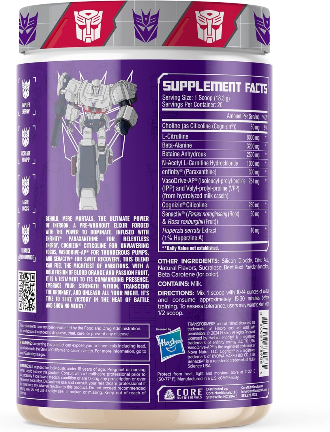 Core Nutritionals Transformers Energon Pre-Workout Supplement, Megatron Prize (20 Servings, Blood Orange Passion Fruit)