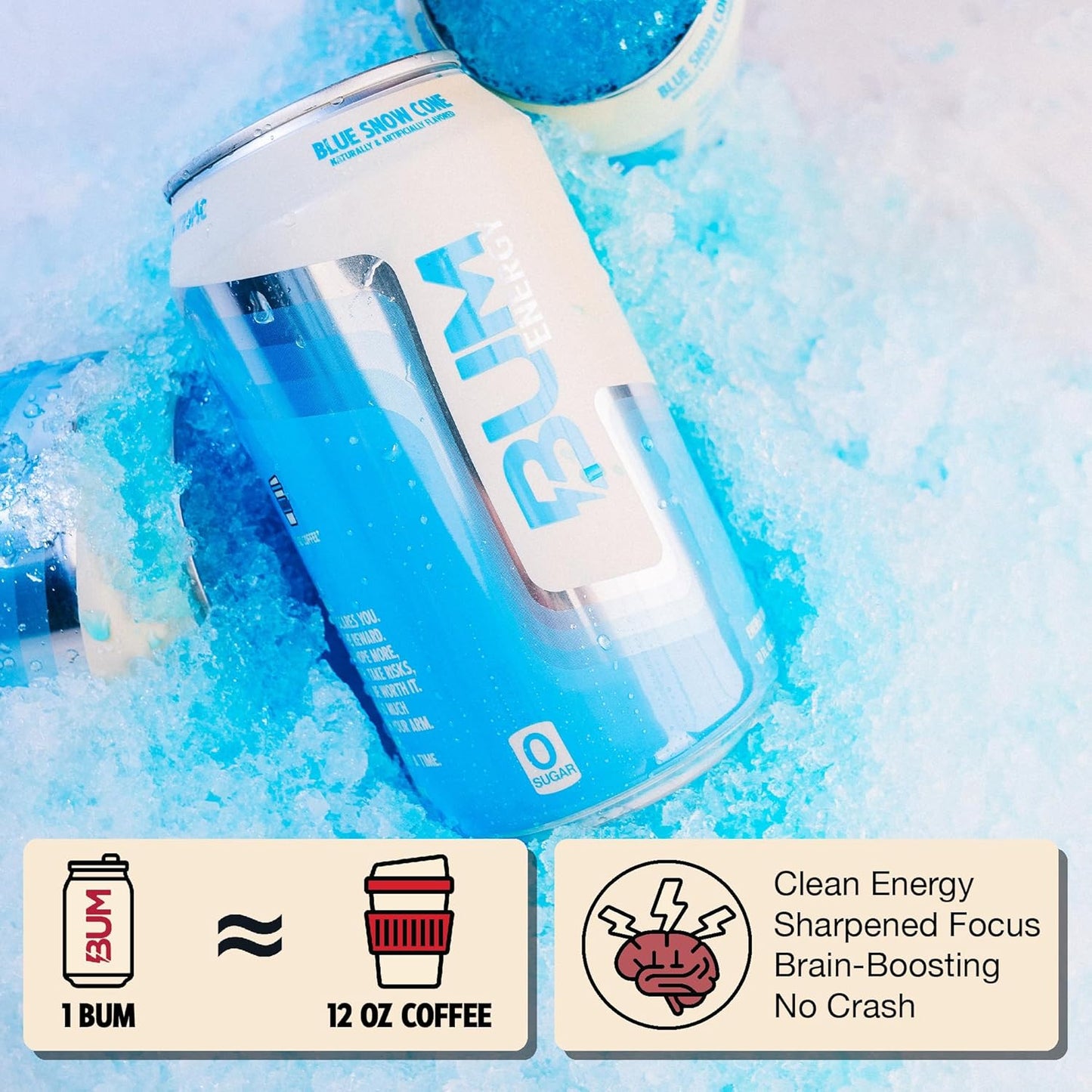 BUM Blue Snow Cone Sugar-Free Energy Drink (12 oz, Pack of 12)