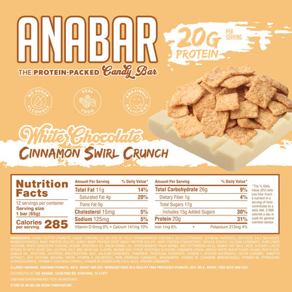 Anabar Protein Bar, 20g Protein, No Sugar Alcohols, Real Food (12 Bars, White Chocolate Cinnamon Swirl)