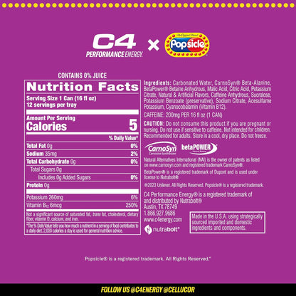 Cellucor C4 POPSICLE Grape Energy Drink, Sugar-Free Pre-Workout (16 Oz, Pack of 12)