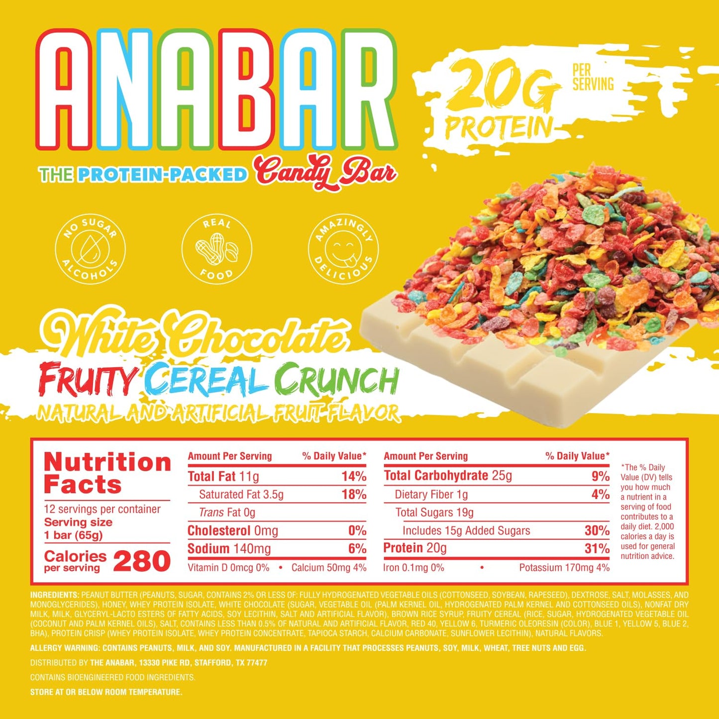 Anabar Protein Bar, 20g Protein, No Sugar Alcohols (12 Bars, White Choc Fruity)