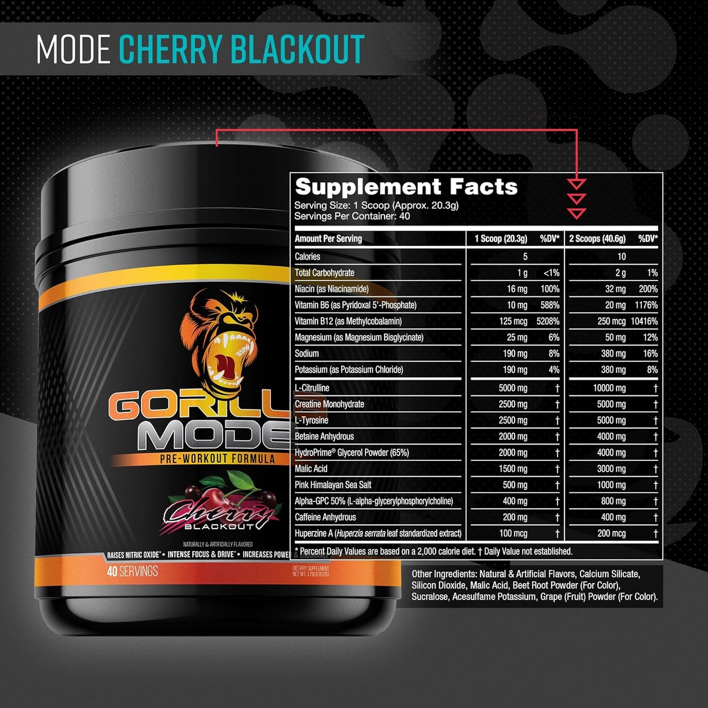 Gorilla Mode Pre-Workout for Pumps, Focus & Energy (812g, Cherry)