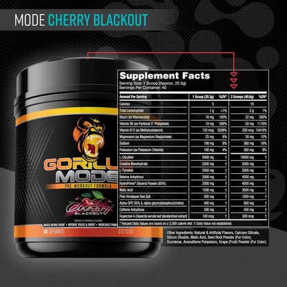 Gorilla Mode Pre-Workout for Pumps, Focus & Energy (812g, Cherry)