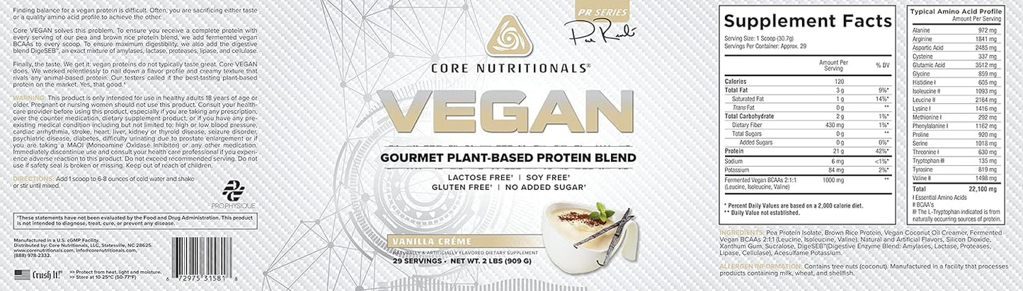 Core Nutritionals Platinum Vegan Protein Blend, 21g Pea Protein, Lactose/Soy/Gluten Free (Vanilla Creme)