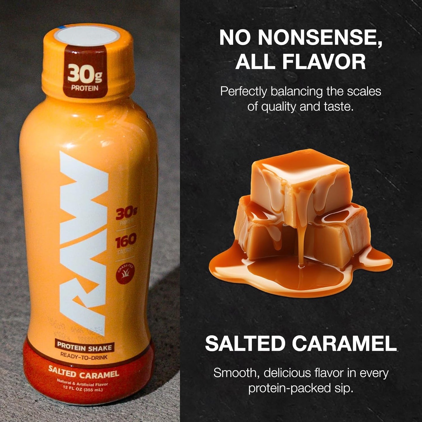 RAW Salted Caramel Protein Shake, Grass-Fed Whey, Zero Sugar (12 Fl Oz)