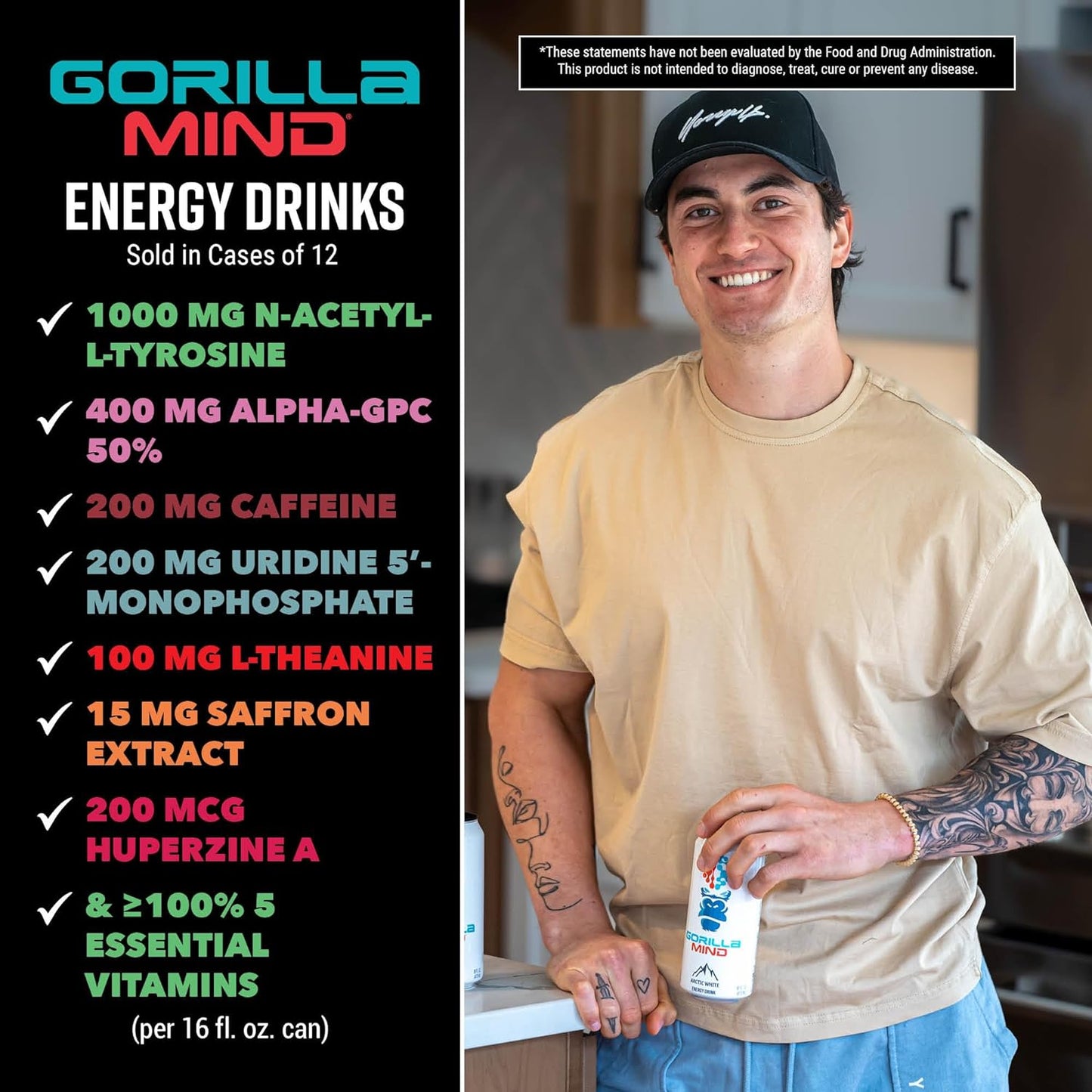 Gorilla Mind Energy Drink with Amplified Focus, Zero Sugar (Black Cherry Vanilla, 16oz, 12-Pack)