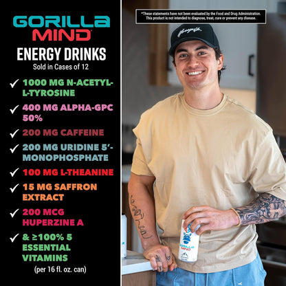 Gorilla Mind Energy Drink with Amplified Focus, Zero Sugar (Black Cherry Vanilla, 16oz, 12-Pack)