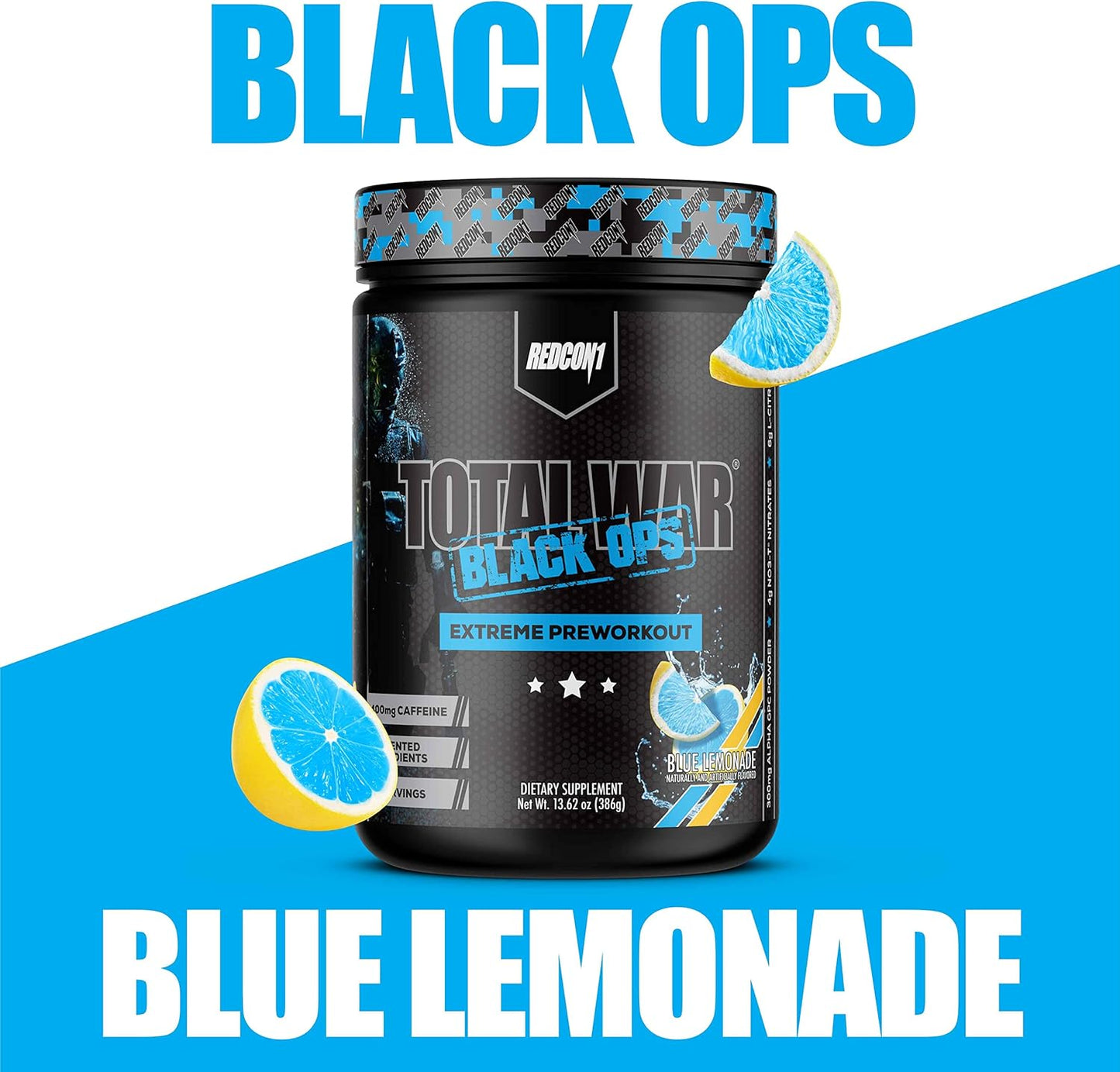 REDCON1 Total War Black Ops Preworkout, Blue Lemonade, 400mg Caffeine (20 Servings)