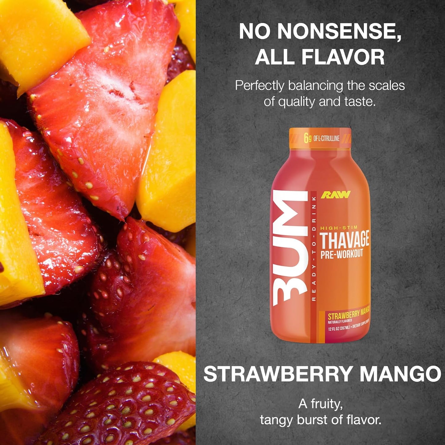 BUM Thavage Pre-Workout RTD - Strawberry Mango, Zero Sugar (12 Pack)