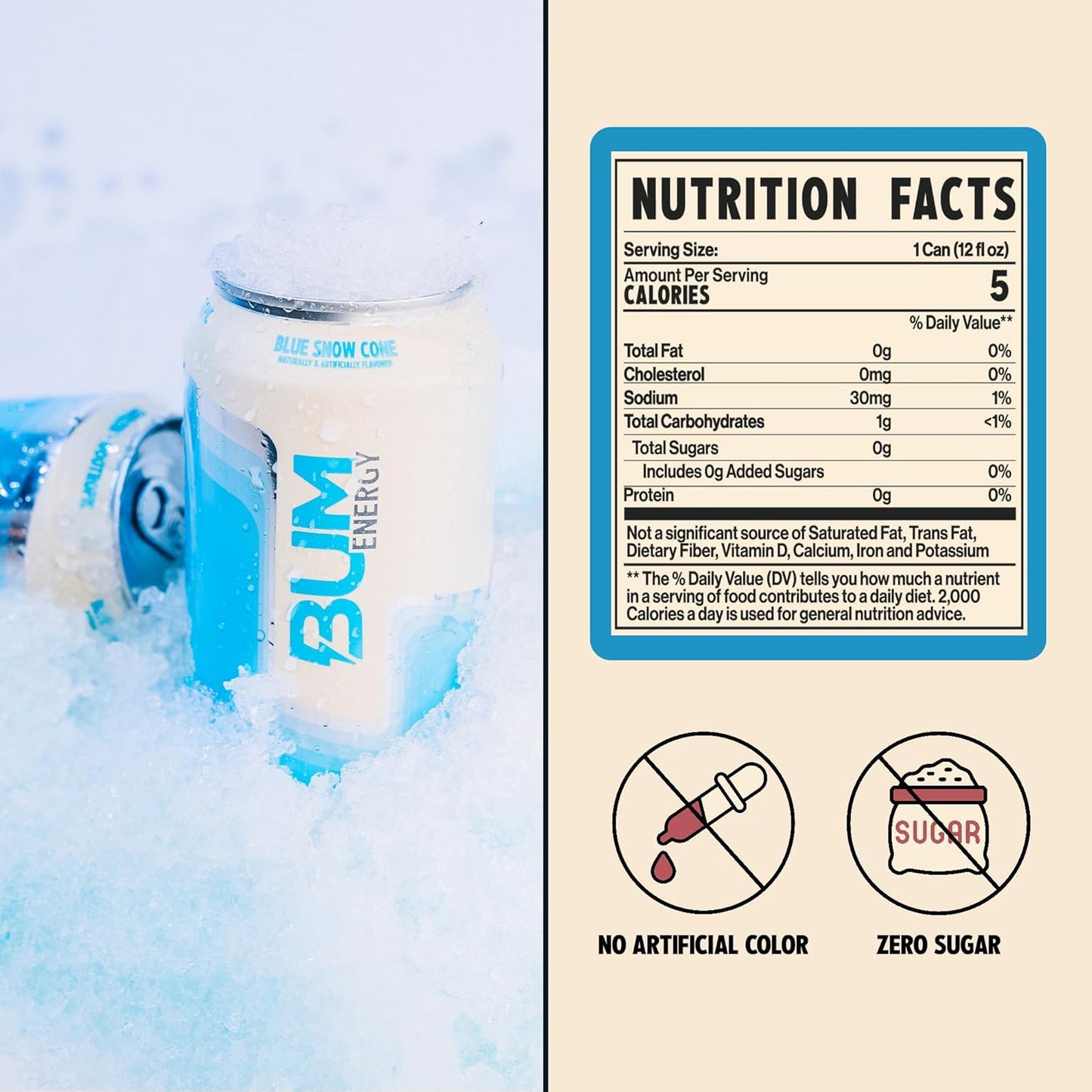 BUM Blue Snow Cone Sugar-Free Energy Drink (12 oz, Pack of 12)
