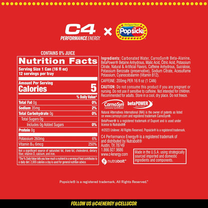 Cellucor C4 Energy x POPSICLE Cherry, Sugar-Free Pre-Workout Drink (16oz, 12pk)