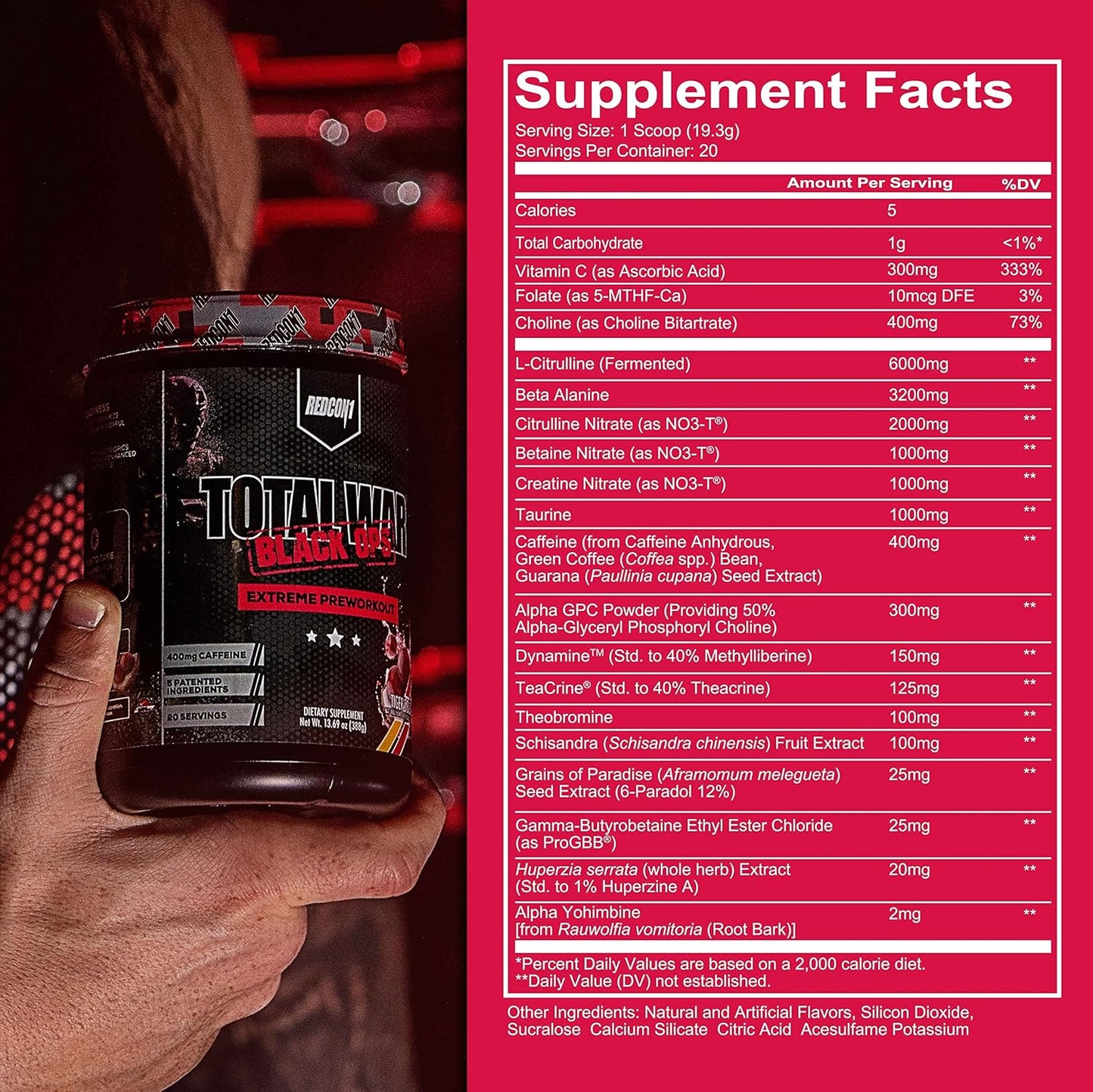 REDCON1 Total War Black Ops Preworkout, Tigers Blood, 400mg Caffeine (20 Servings)