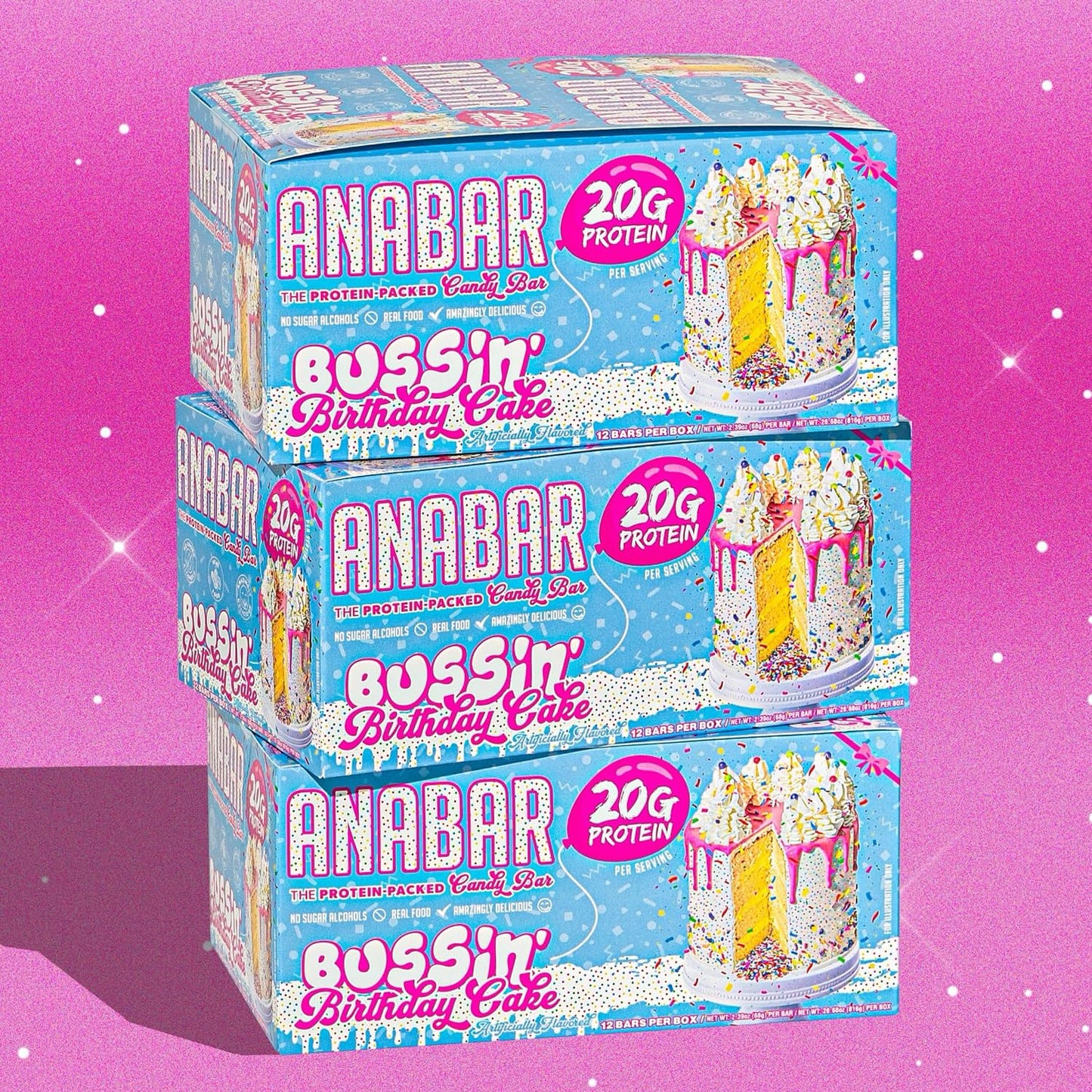 Anabar Protein Bar, 20g Protein, No Sugar Alcohols, Birthday Cake (12 Bars)