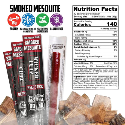 Mesquite Smoked Beef Jerky Sticks - Tender, High Protein, Low Carb, Gluten Free (12 Pack, Extra Large)